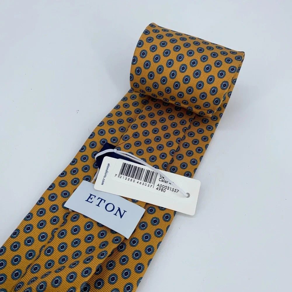 Eton Tie Mens One Size Yellow Blue Patterned Silk Classic Necktie Italy Made NWT